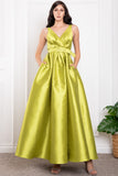 Apple Green Satin Belted Maxi Dress