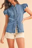 Button Front Ruffled Flutter Frayed Denim Top