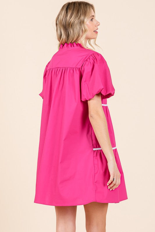 Piping Detailed Babydoll Mini Dress-3 Colors