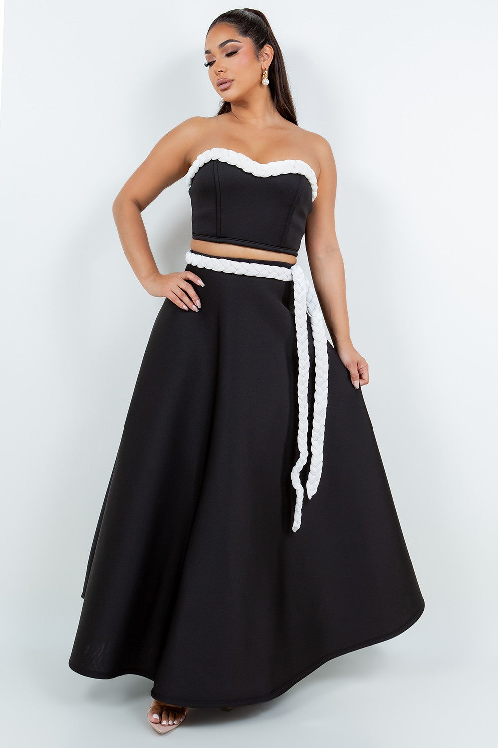 Solid Black & White Roped Maxi Skirt Set