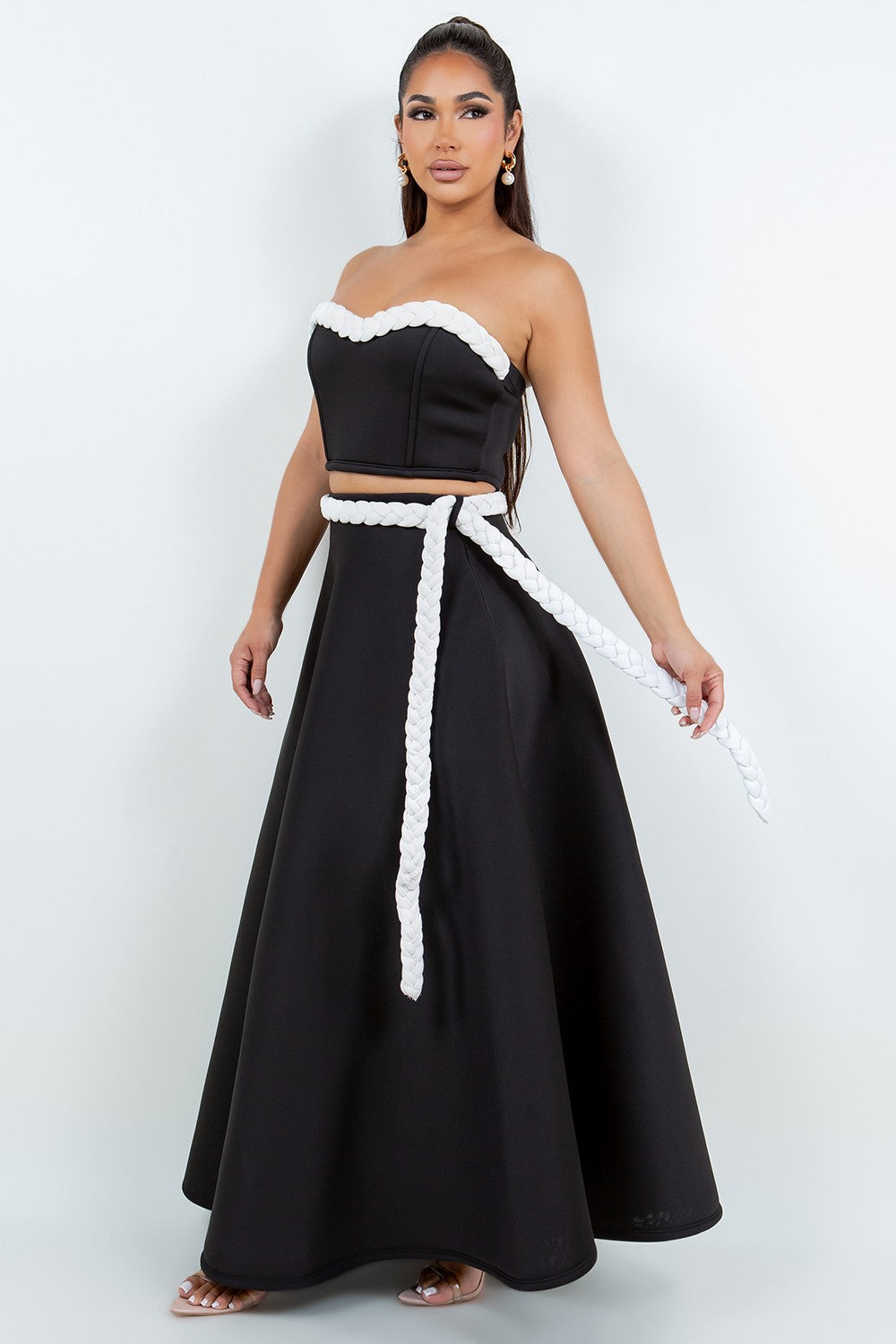 Solid Black & White Roped Maxi Skirt Set