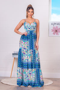 Blue Multi Satin Tiered Maxi Dress (Pre-Order)