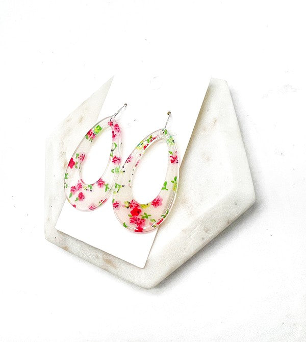 White Red Floral Flower Acrylic Teardrop Earrings