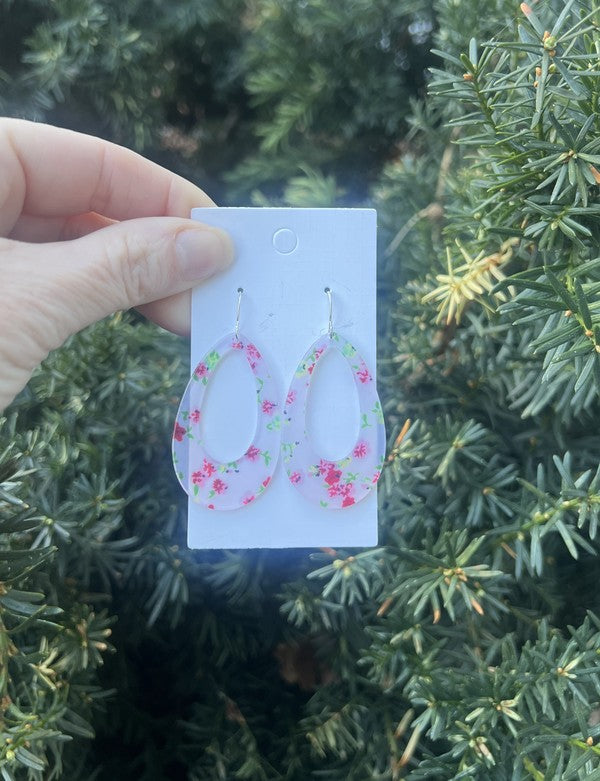 White Red Floral Flower Acrylic Teardrop Earrings
