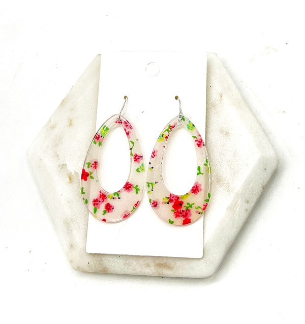 White Red Floral Flower Acrylic Teardrop Earrings