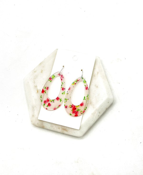 White Red Floral Flower Acrylic Teardrop Earrings