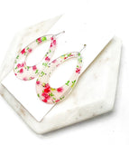 White Red Floral Flower Acrylic Teardrop Earrings