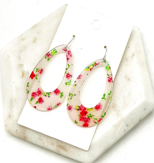 White Red Floral Flower Acrylic Teardrop Earrings