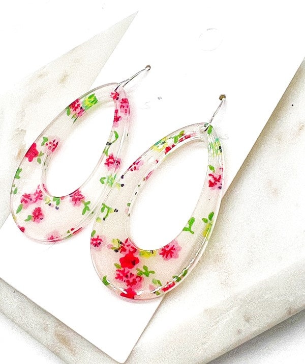 White Red Floral Flower Acrylic Teardrop Earrings