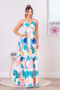 Tropical Tiered Halter Maxi Dress (Pre-Order)