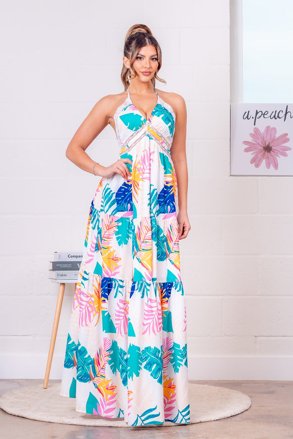 Tropical Tiered Halter Maxi Dress (Pre-Order)