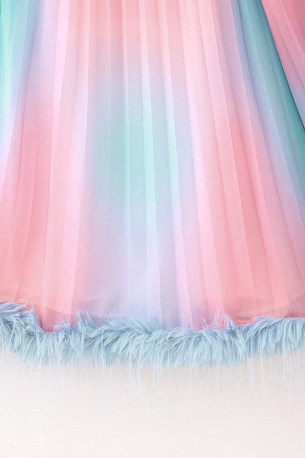 Neapolitan Ombre One Shoulder Long Sleeve Pleated Dress