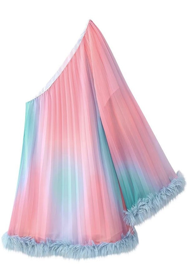 Neapolitan Ombre One Shoulder Long Sleeve Pleated Dress