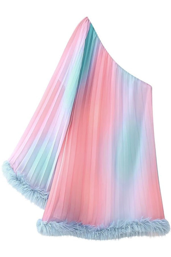 Neapolitan Ombre One Shoulder Long Sleeve Pleated Dress