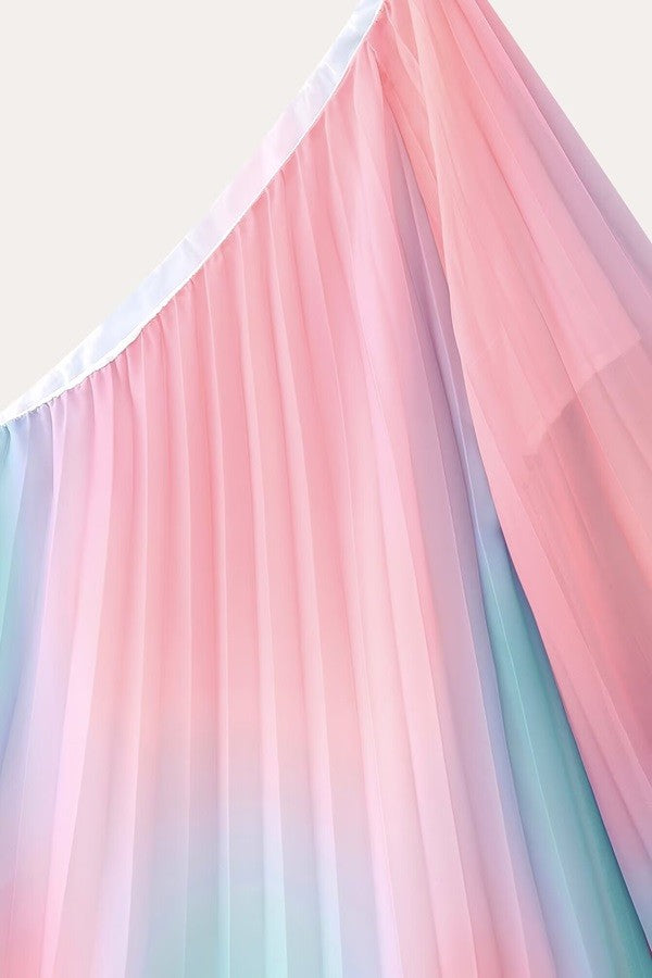 Neapolitan Ombre One Shoulder Long Sleeve Pleated Dress