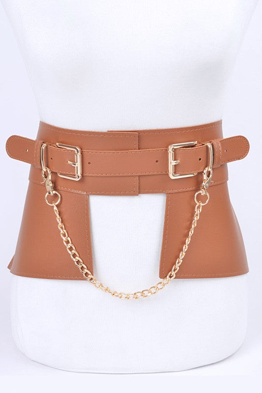 Chain Accent Faux Leather Skirt Belt- 3 Colors