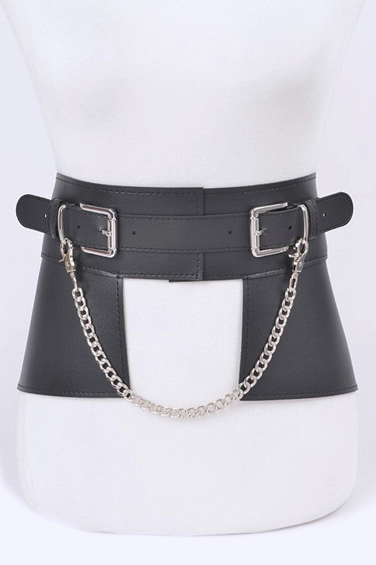 Chain Accent Faux Leather Skirt Belt- 3 Colors