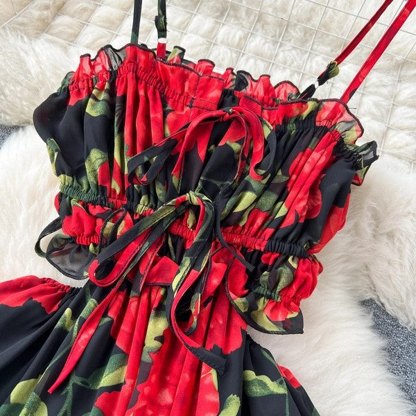 Red Roses Floral Open Back Dress