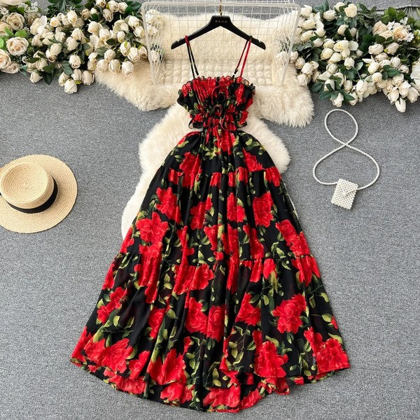 Red Roses Floral Open Back Dress
