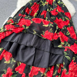 Red Roses Floral Open Back Dress