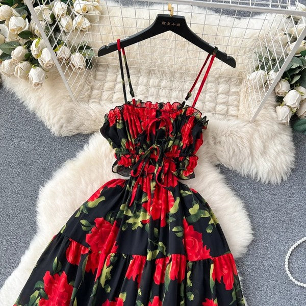 Red Roses Floral Open Back Dress