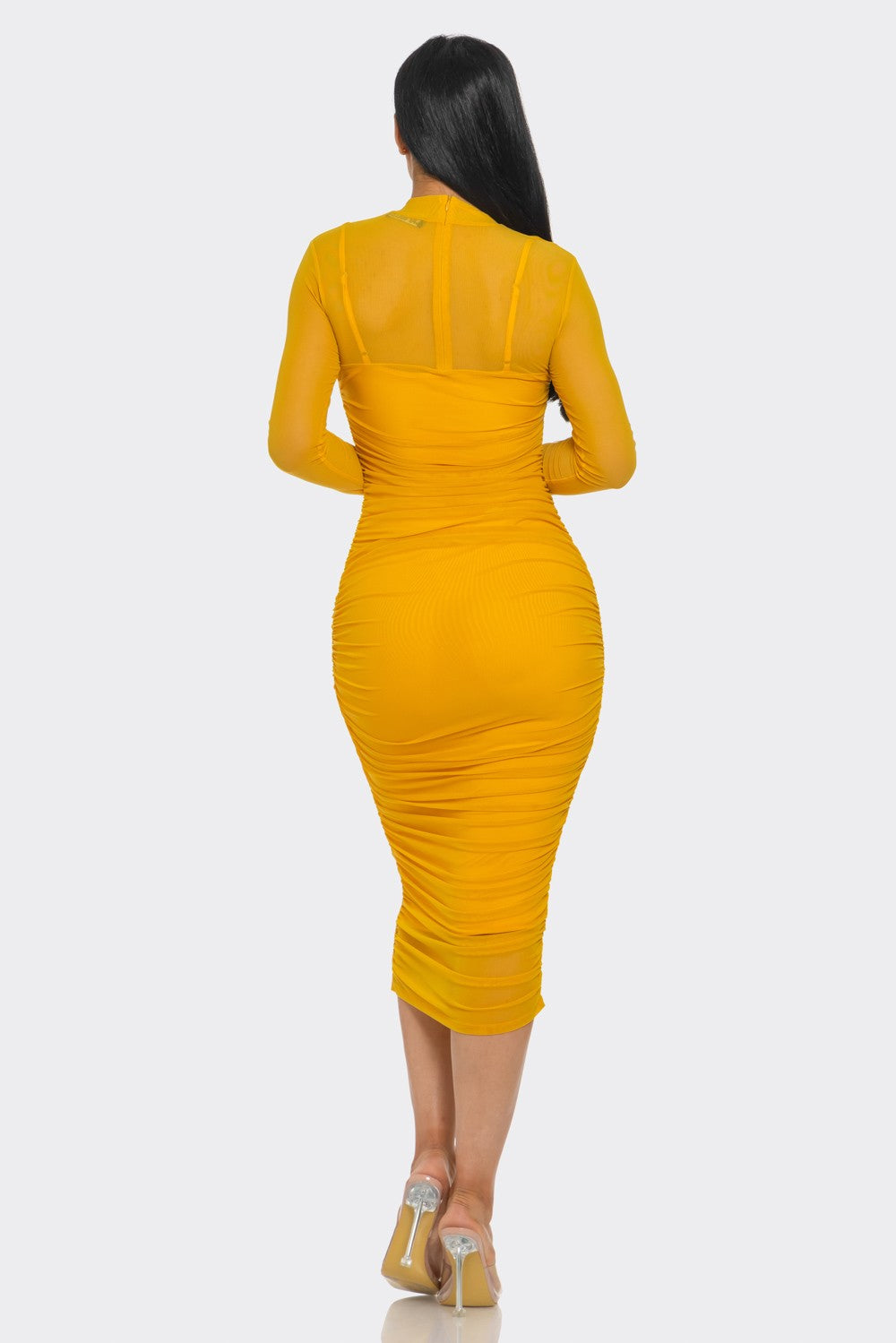 Solid Mesh Ruched Midi Dress- Multiple Colors