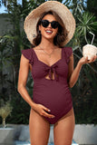 Ribbed Tie Knot Cutout Ruched Maternity Swimsuit-3 Colors