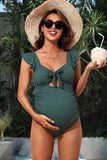 Ribbed Tie Knot Cutout Ruched Maternity Swimsuit-3 Colors