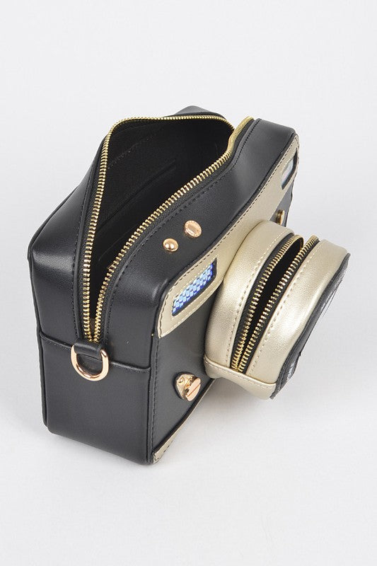 Patent Finish Top Handle Convertible Camera Look Clutch Bag-2 Colors