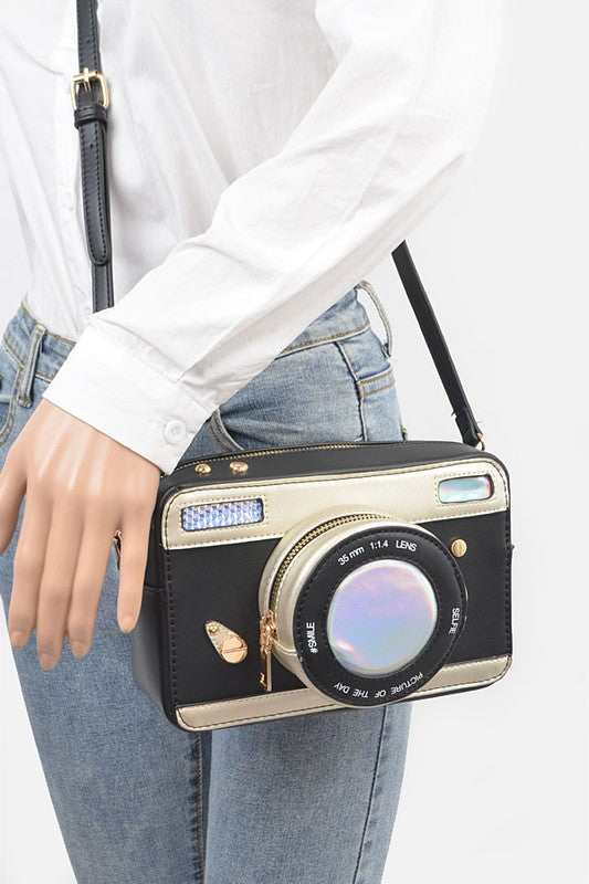 Patent Finish Top Handle Convertible Camera Look Clutch Bag-2 Colors