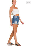 Plus Size Mid Rise Raw Frayed Hem Denim Shorts