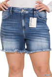 Plus Size Mid Rise Raw Frayed Hem Denim Shorts