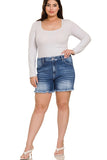 Plus Size Mid Rise Raw Frayed Hem Denim Shorts