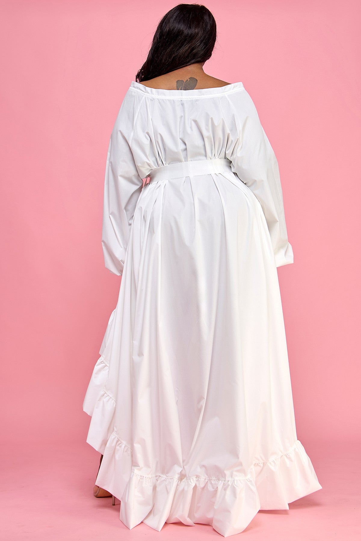 Plus Size Ruffle Neck High Low Ruffle Hem Belted Flare Dress- White or Black