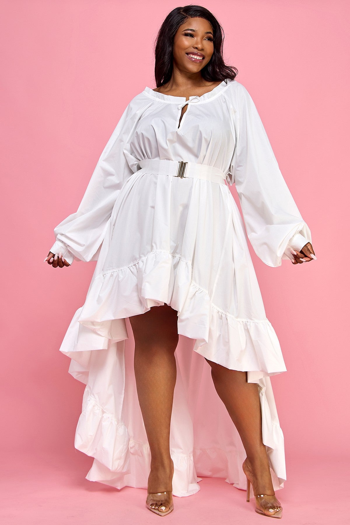 Plus Size Ruffle Neck High Low Ruffle Hem Belted Flare Dress- White or Black