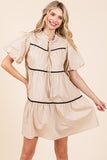 Piping Detailed Babydoll Mini Dress-3 Colors