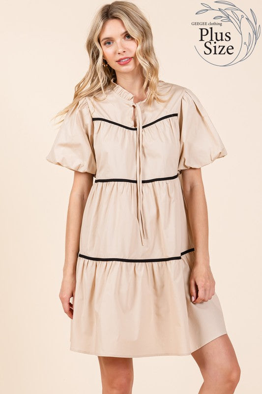 Plus Sizing Piping Detailed Babydoll Mini Dress