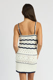 NAVY AND WHITE CONTRASTED CROCHET MINI DRESS
