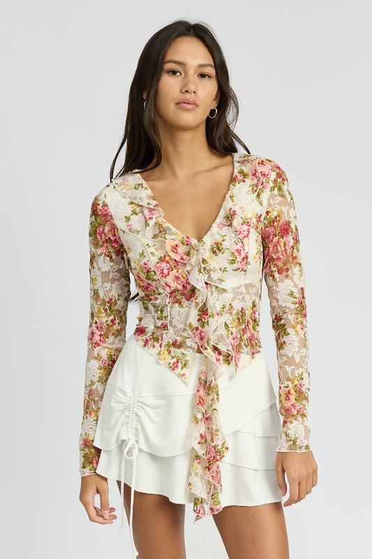 FLORAL PRINT BLOUSE WITH RUFFLE DETAIL