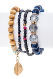 Leaf Charm Mix Beads Stretch Bracelet Set-4 Choices