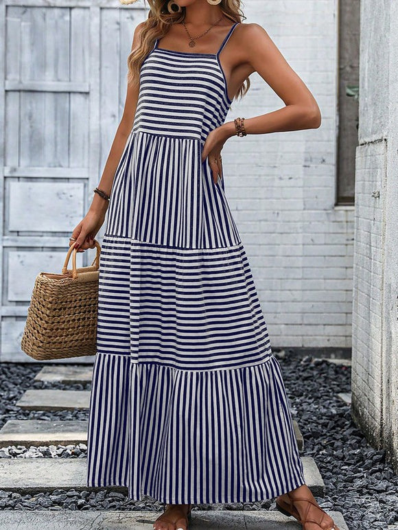 Striped Ruffle Hem Cami Maxi Dress-2 Colors
