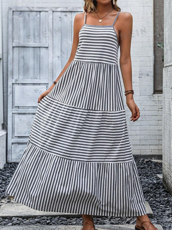Striped Ruffle Hem Cami Maxi Dress-2 Colors