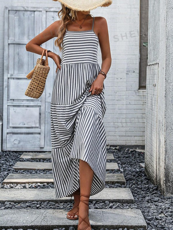 Striped Ruffle Hem Cami Maxi Dress-2 Colors