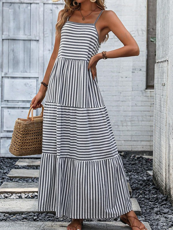 Striped Ruffle Hem Cami Maxi Dress-2 Colors