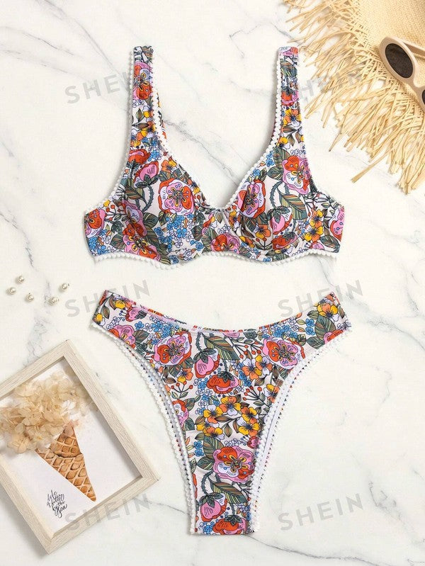 Printed Lace Two Piece Bikini Set-3 Colors