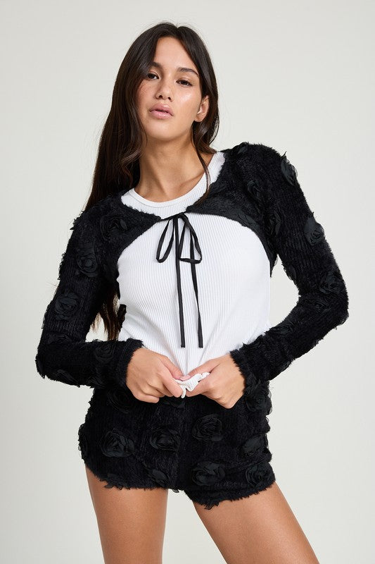 KNIT BOLERO WITH 3D ROSETTES- 2 COLORS
