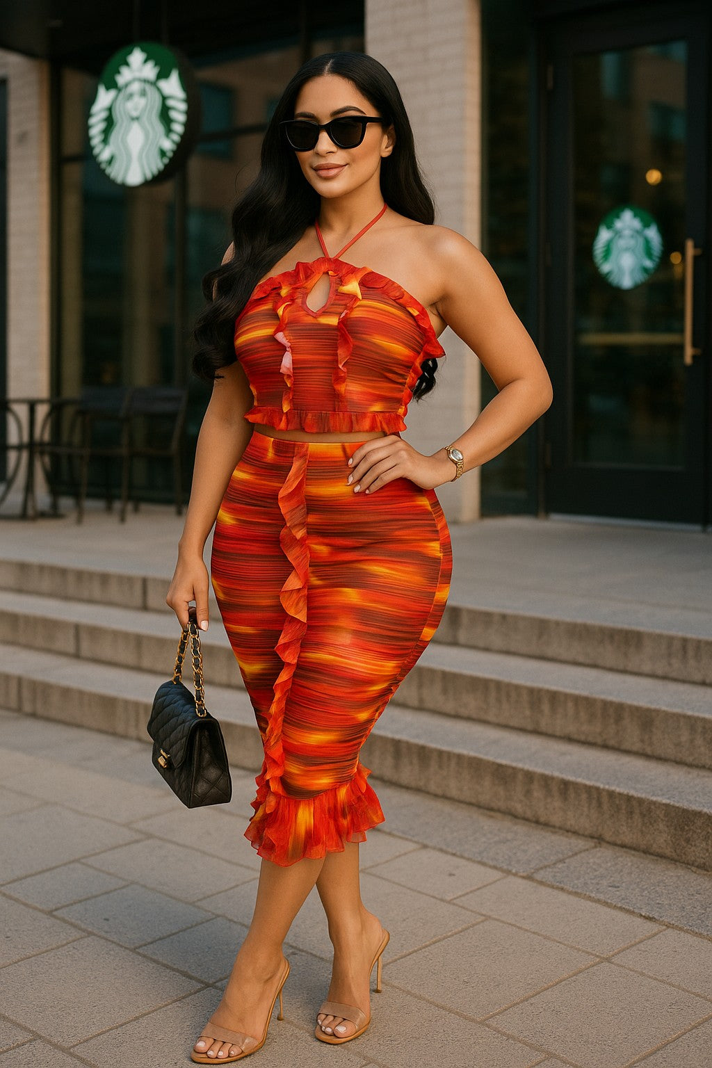 Tropical Waters Print Mesh Ruffle Halter Skirt Set