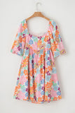 Square Neck Bubble Puff Sleeve Floral Coral Babydoll Dress