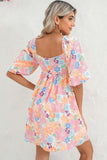 Square Neck Bubble Puff Sleeve Floral Coral Babydoll Dress