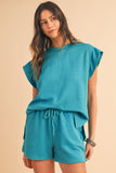 Textured Ruffle Split Top and Drawstring Shorts-3 Colors